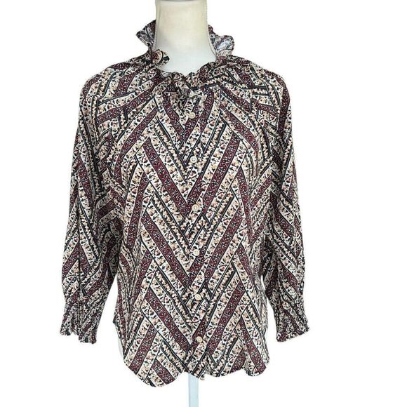 Veronica Beard Callisto Button Front Ruffle Collar Geometric Blouse Size Medium - Picture 1 of 8